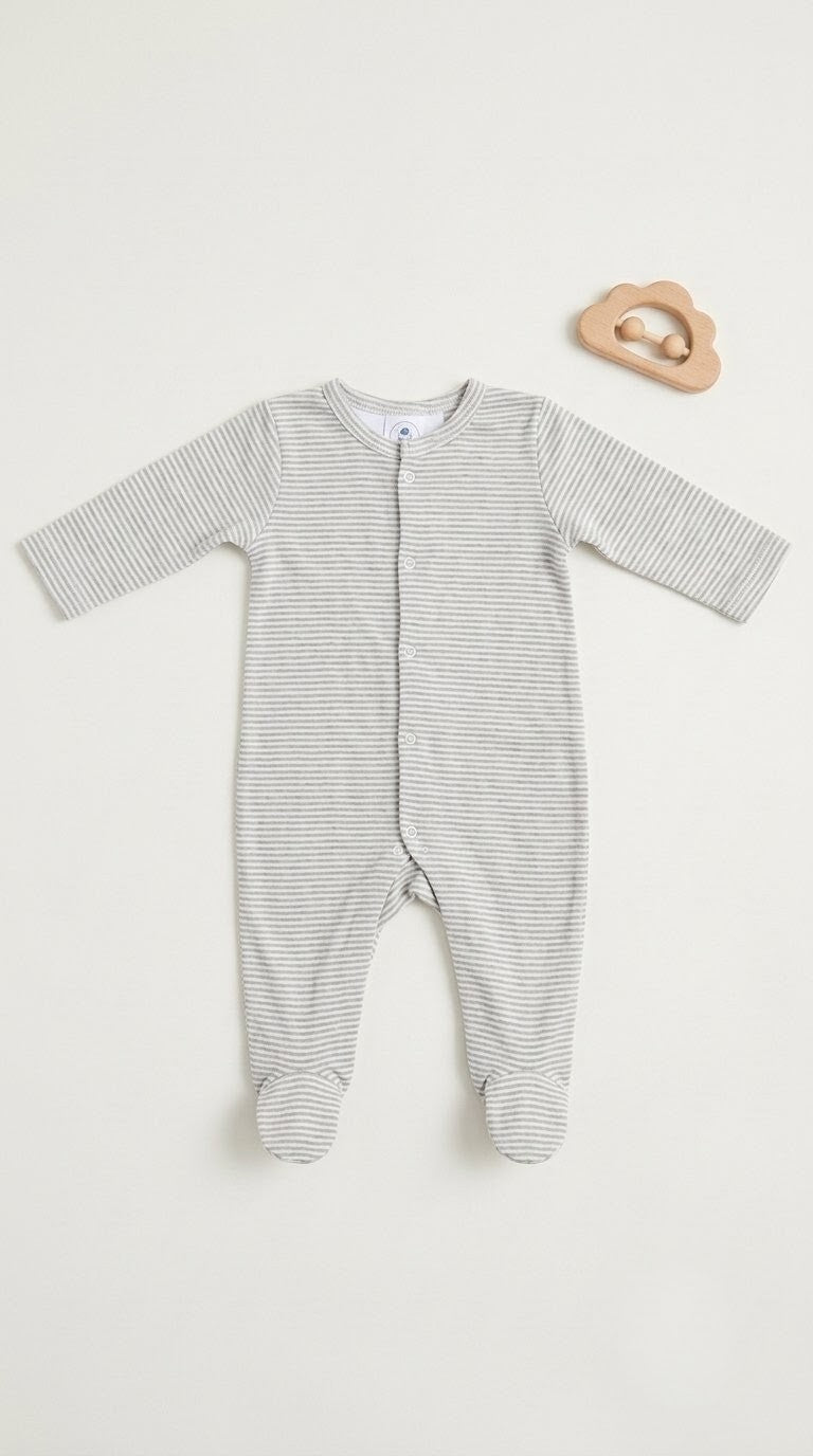 Footed Rompers - Grey Small Stripes